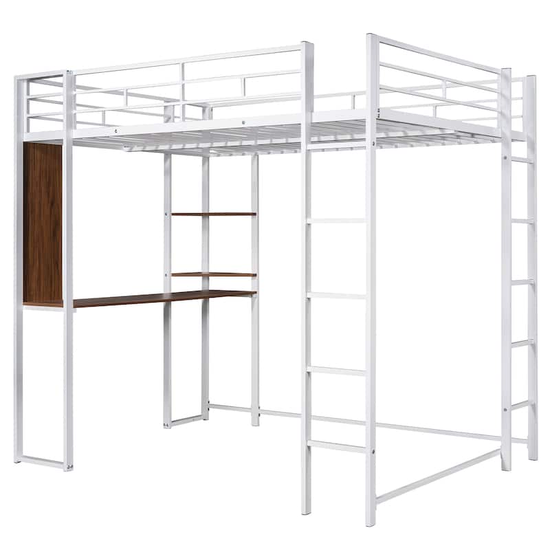 Full Size Metal Loft Bed with Desk and Shelves, Integrated Ladder and Guardrails
