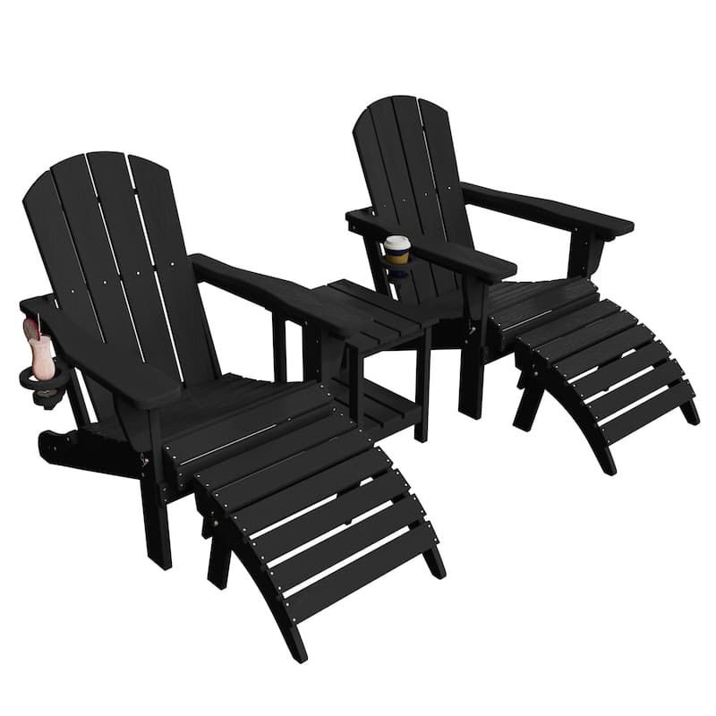 5-Piece Adjustable Plastic Patio Adirondack Chairs With Side Table Set - Black