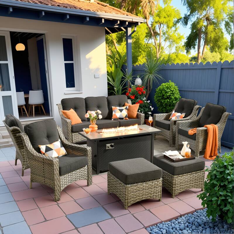 HOOOWOOO 8-piece Patio Wicker Chat Set Outdoor Conversation Sofa Set with Fire Pit - Black