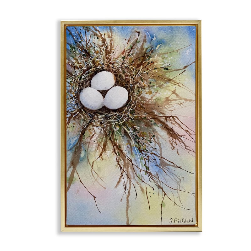 Stupell Modern Watercolor Bird Nest Framed Floater Canvas Wall Art Design By Stephanie Fielden - 21 x 31 - Gold