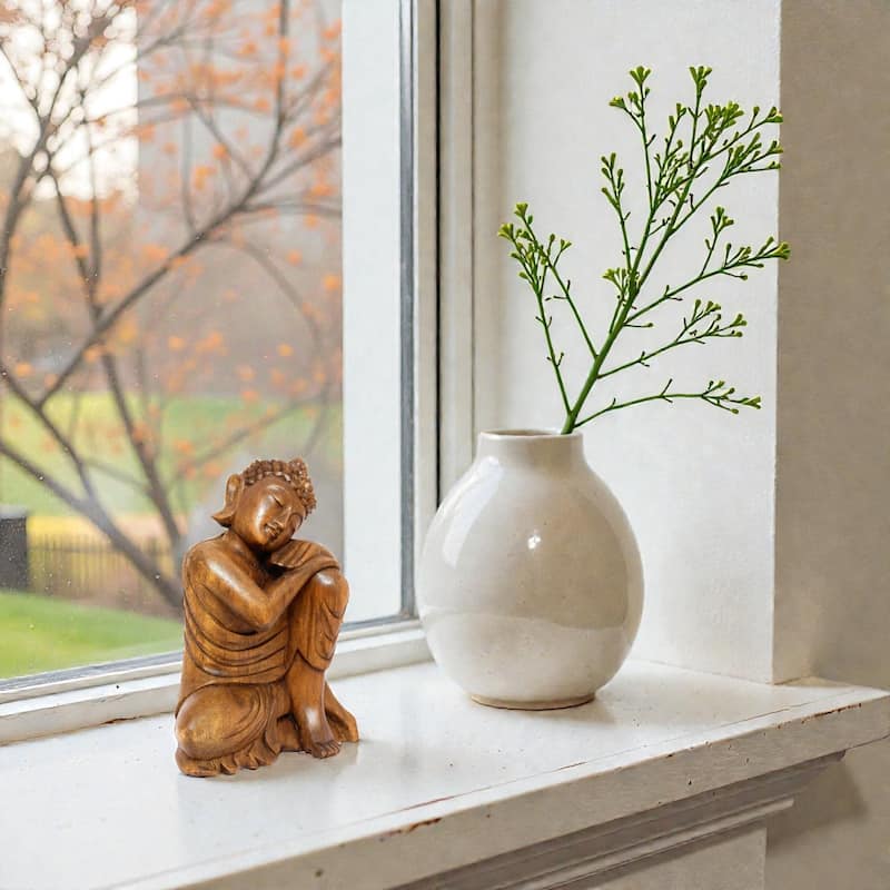 Wooden Serene Sleeping Resting Buddha Statue Hand Carved Figurine Sculpture Home Decor 