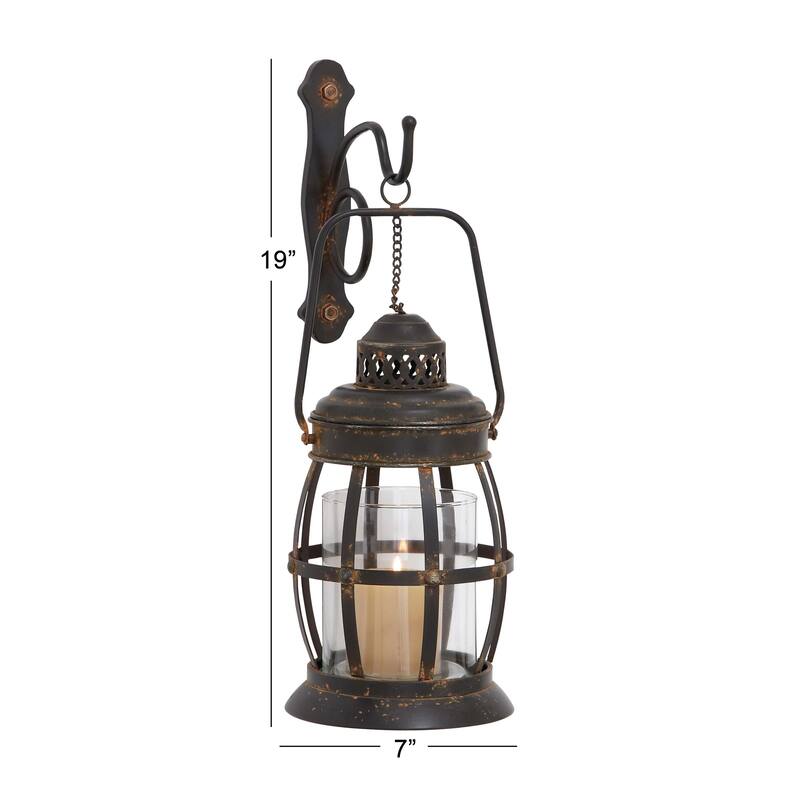 Metal Suspended Pillar Lantern Wall Sconce - Brown - Roche River Decor - 10"W x 7"L x 19"H