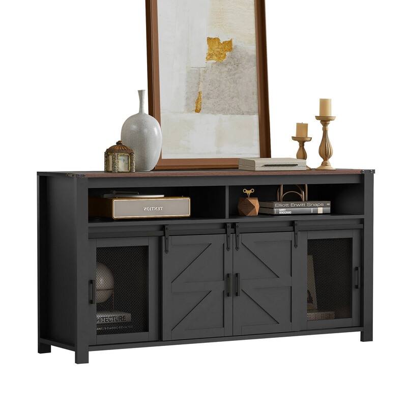 Farmhouse 59.3" Sideboard Buffet with Sliding Barn Doors and Open Storage for Living or Dining Spaces