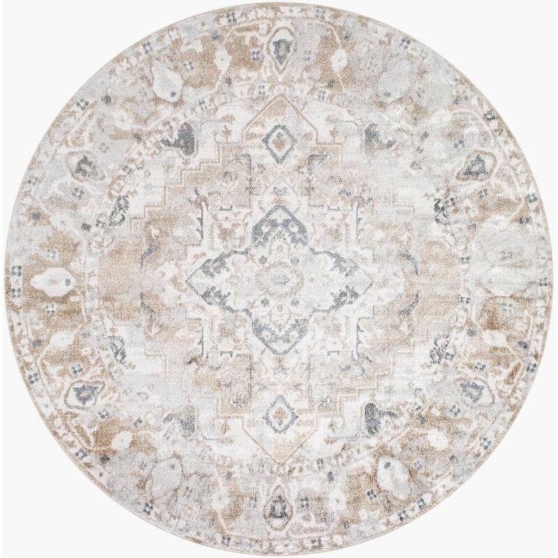 Livabliss Lillian Transitional Medallion Machine Washable Area Rug - Beige/Grey - 6'7" Round