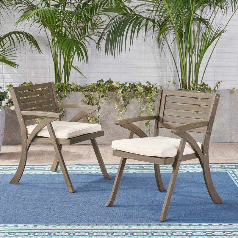Roomfitters Helen Outdoor Acacia Wood Dining Chairs with Water Resistant Cushions, Slat Back, Grey, Set of 2 - Grey