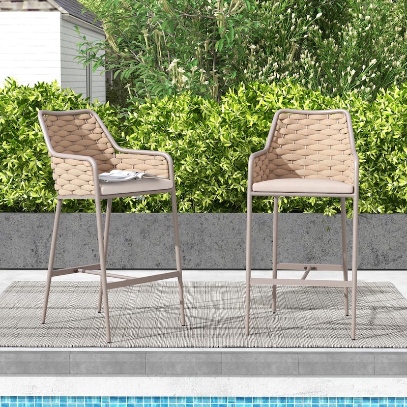 Outdoor Metal High Arm Barstool Chair with Cushions (set of 2)