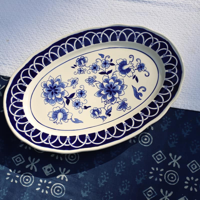 Euro Ceramica Blue Garden 18" Stoneware Oval Serving Platter - 18.5" x 13.2" x 1.26"