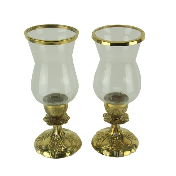 Gold Metal and Glass Ornate Antique Hurricane Candle Stick Holders Set of 2. Opens flyout.