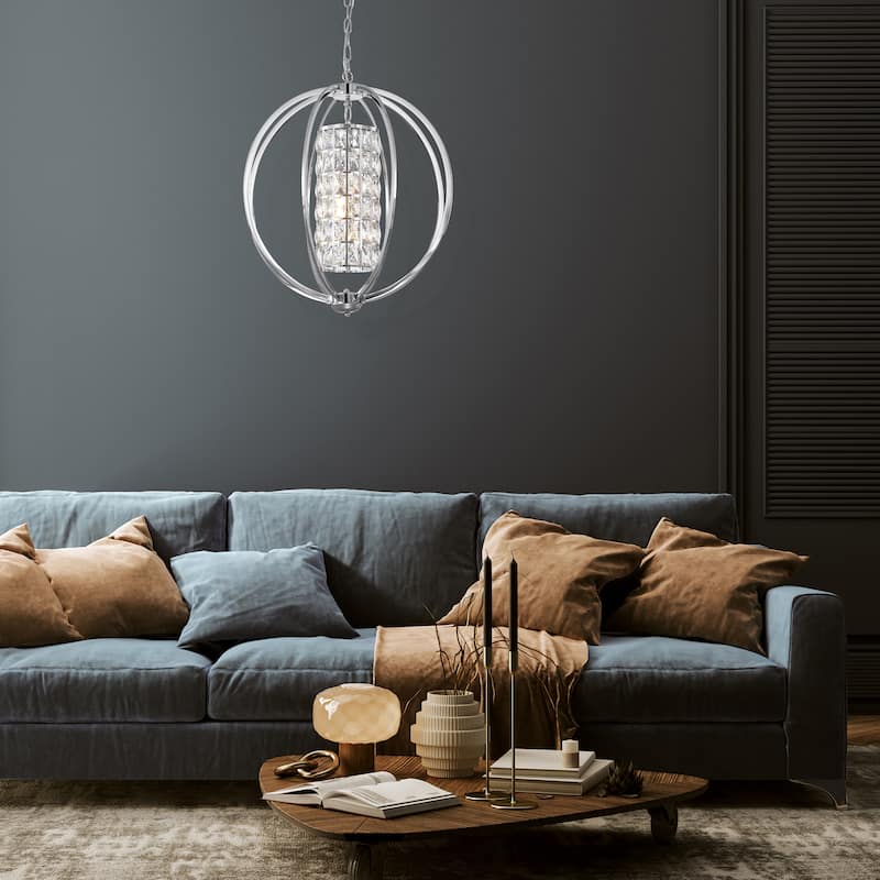 Chrome 3-Light Globe Orb Chandelier with Crystal Lined Cylinder