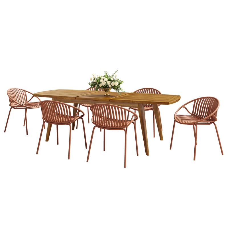 Roomfitters Outdoor Expandable Dining Set 7 Piece Acacia Wood Table Stackable Chairs - Orange,Teak