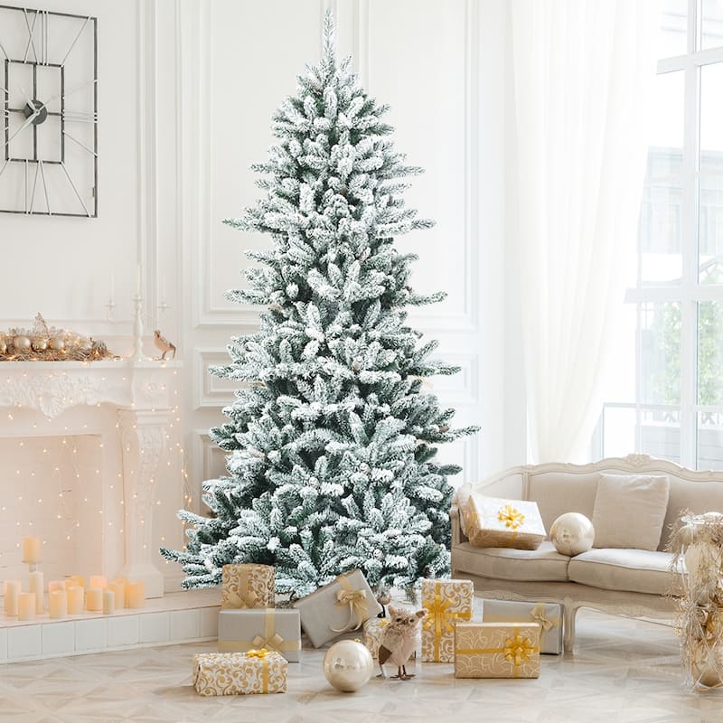 Gymax 7FT Snow Flocked Christmas Tree Hinged Fir Tree w/ Pine Cones - See Details - Green - 7 Foot