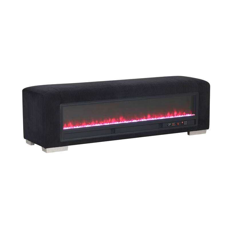 Furniture of America Goffney Chenille Bench with Fireplace Simulator and Bluetooth Audio