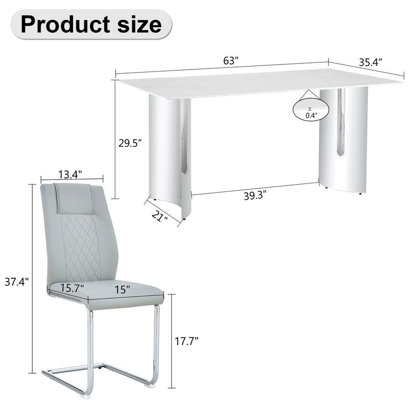 Kitchen Rectangle Dining Table Set for 4, 63" Faux Marble Glass Table with Stainless Steel Legs and PU Upholstered Chairs