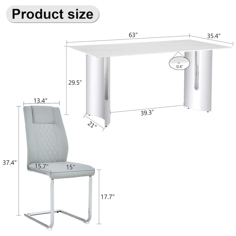 Modern 7-Piece Dining Table and Chair Set, 63" Faux Marble Glass Table with Stainless Steel Legs and PU Dining Chair