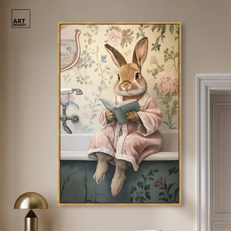 Bunny Bibliophile Bathing Canvas by Art Remedy