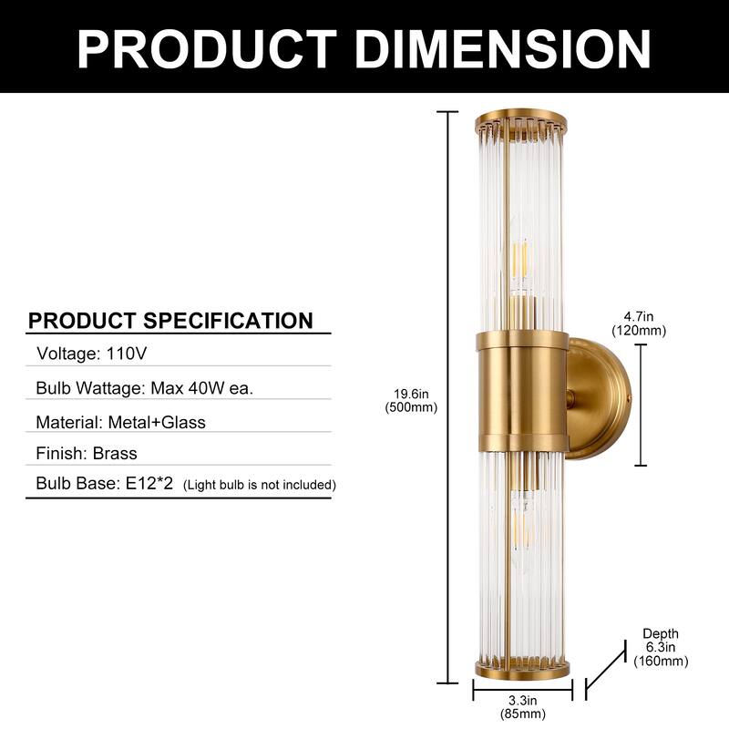 YANSUN 2-Light Crystal Mirror Vanity Light, Copper Finish, E12 Base for Luxurious Bathroom Décor - 3.3*6.3*19.6