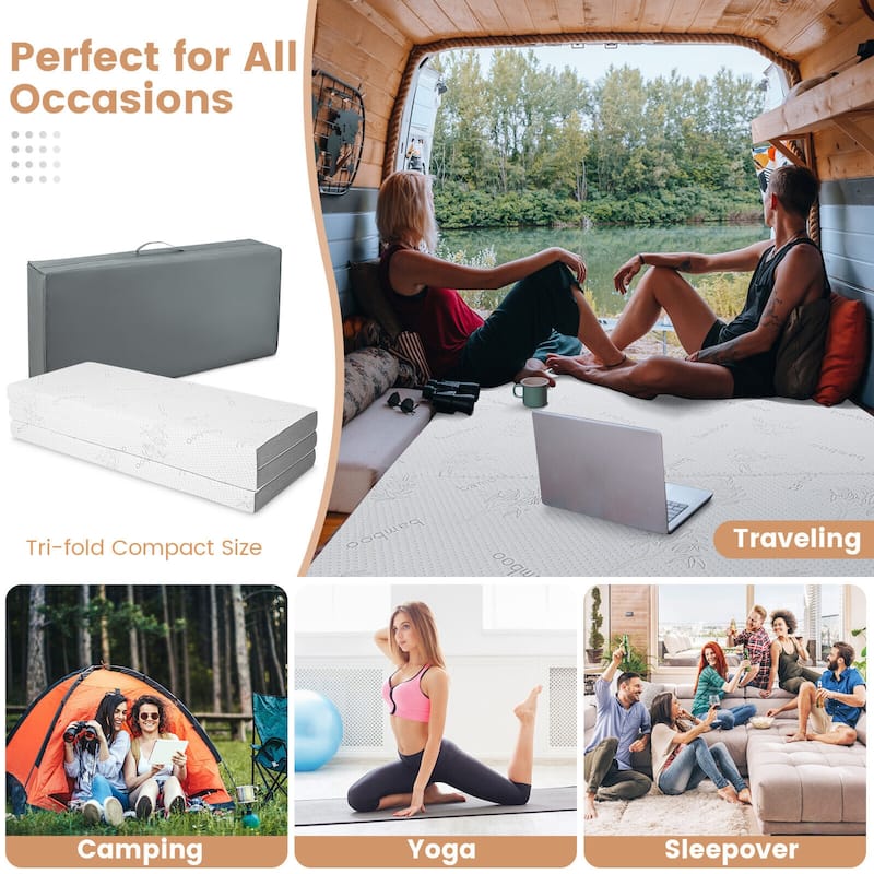 4-Inch White Grey Tri-Fold Design Memory Foam Mattress with Cooling Gel for Home or Travel