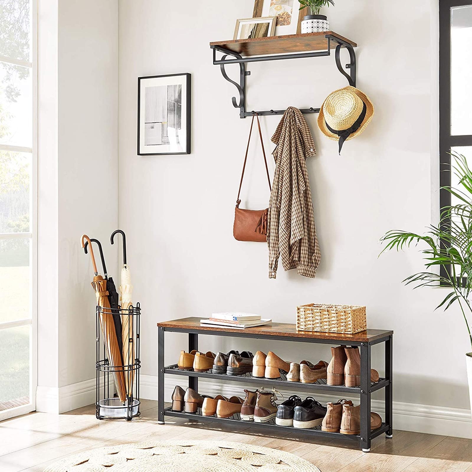 VASAGLE Industrial Shoe Bench 3 Tier Shoe Rack 39.4 Inches Long