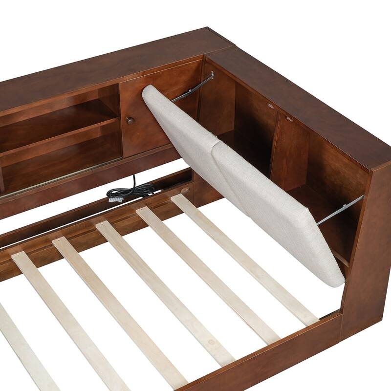 Wooden Twin Size L-shaped Daybed with Storage Bookcase