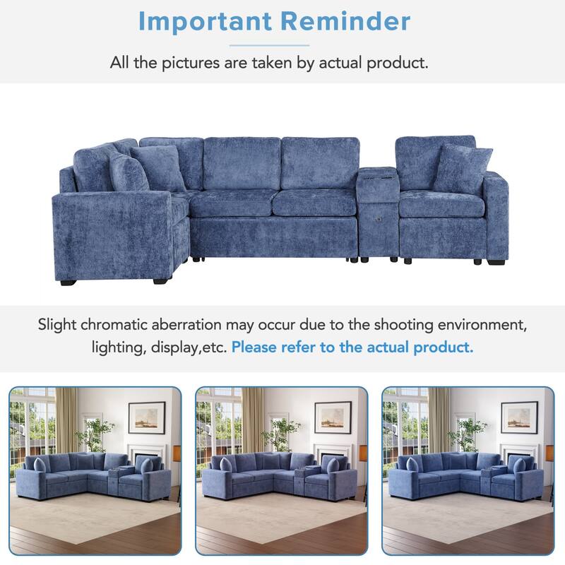 Chenille Pull Out Sectional Convertible Sleeper Sofa Modular Sectional Sofa with Pillow and 2 Cup Holders for Living Room