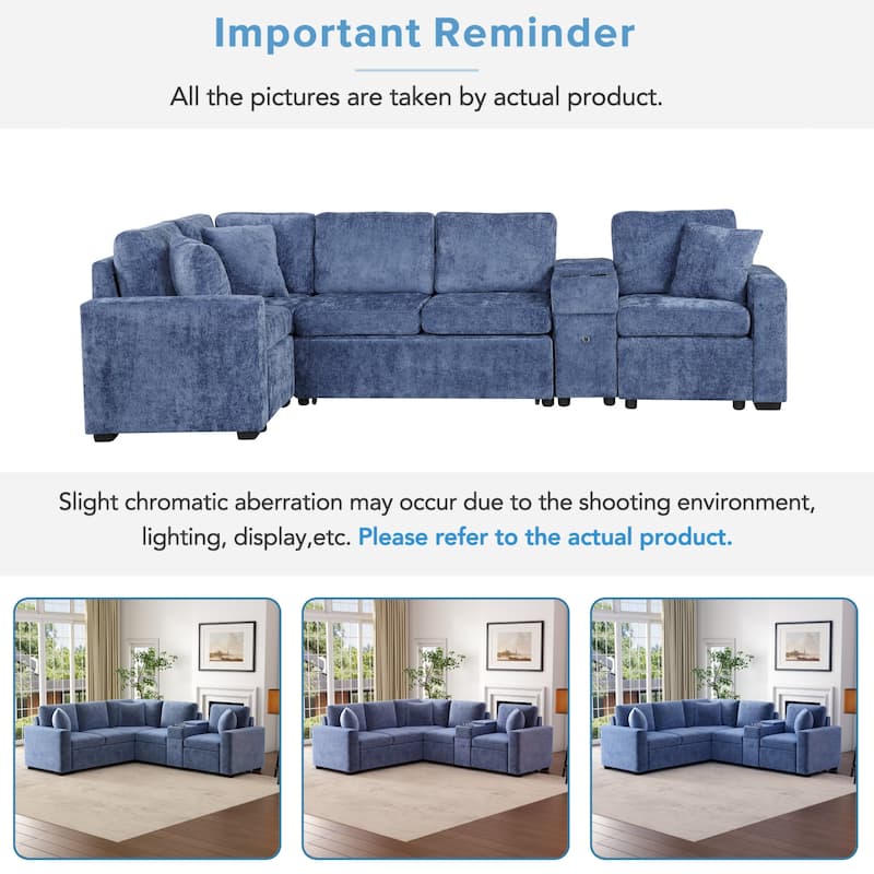L-Shaped Modular Sectional Sofa with Pull-Out Bed, Chenille Convertible Sleeper Sofa Bed with Cup Holders & Multiple Storage