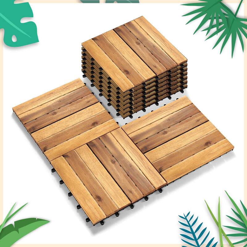 12 x 12 Inch Solid Wood Acacia Interlocking Flooring Tiles, Straight Pattern Patio Deck Tiles (Natural Color, 6 Slats)