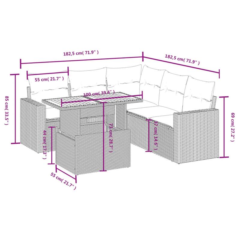 vidaXL Patio Sofa Set with Cushions Outdoor Furniture 6 Piece Poly Rattan - 24.4" x 24.4" x 27.2"