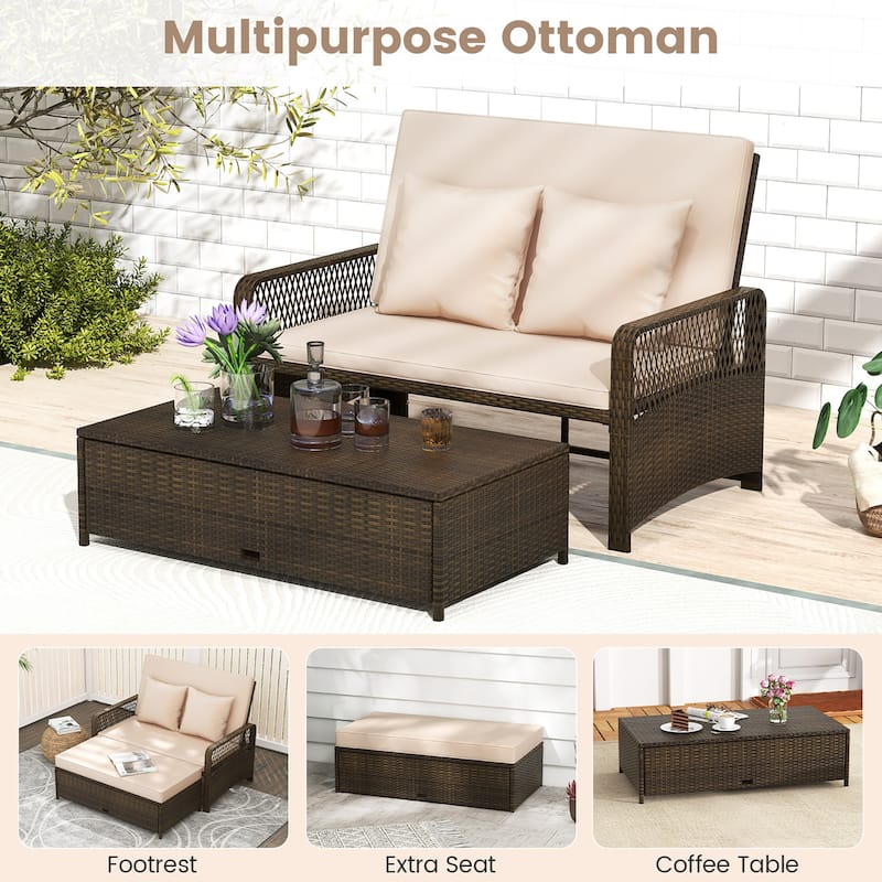 Gymax Patio Rattan Daybed Wicker Loveseat Sofa w/ Multifunctional
