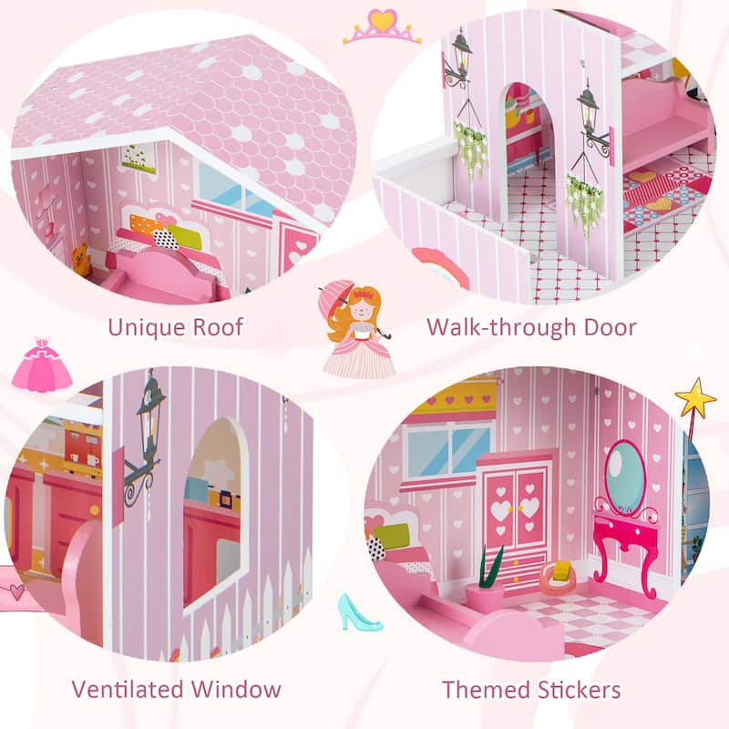 Kids Dollhouse Playset with 5 Simulated Rooms & 10 Pieces of Furniture