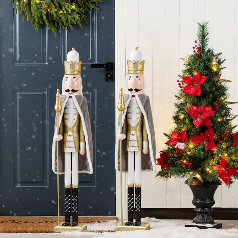 Glitzhome Set of 2 Wooden Christmas Gold Dressed King & Soldier Nutcrackers for Festive Party Fireplace Decor - 2PK-42"H King Nutcrackers