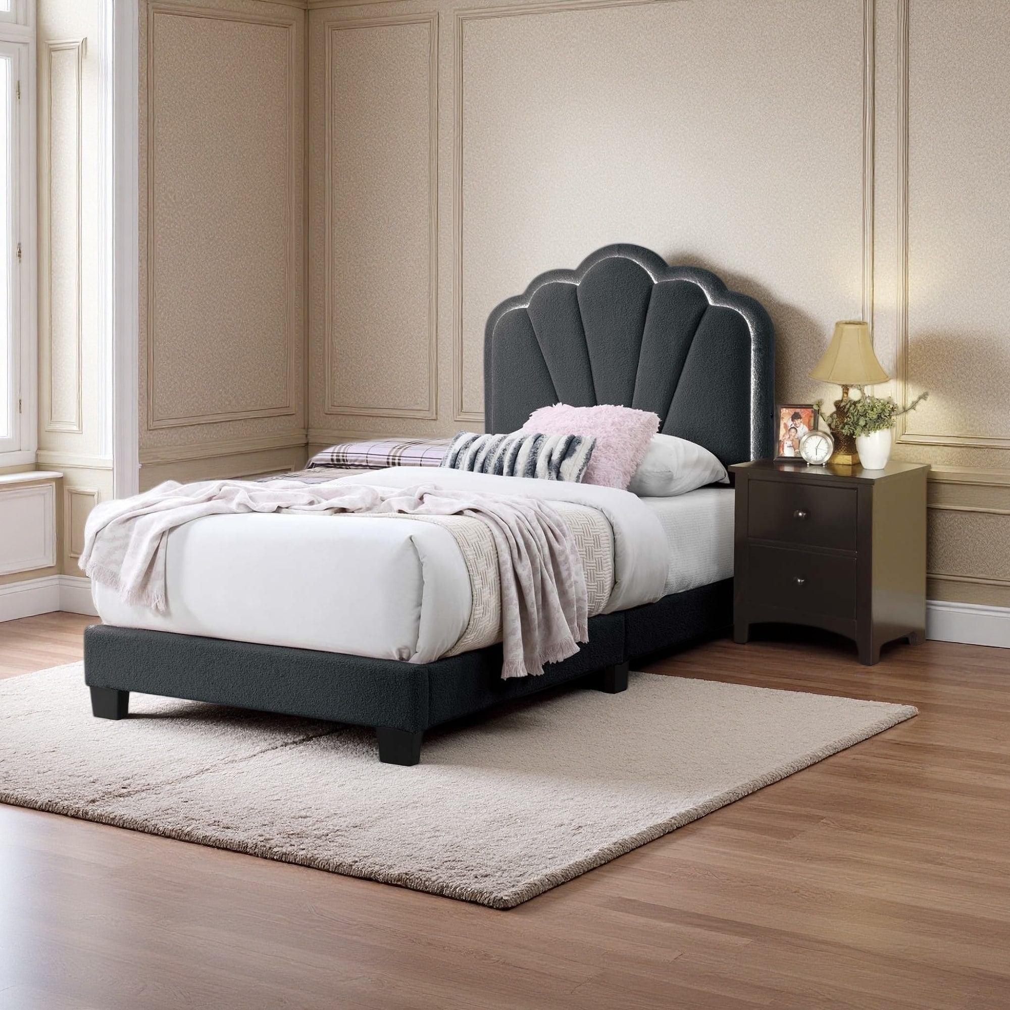 Upholstered Platform Bed with Floral Design Headboard and LED Lighting