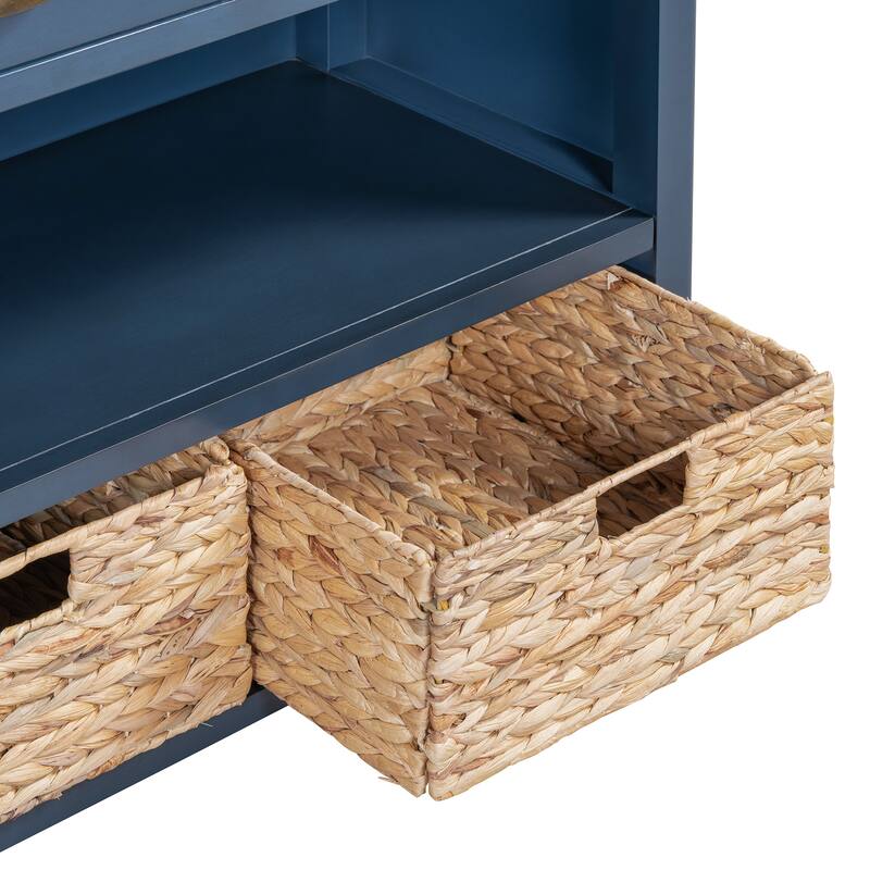 Console Table with 3 Storage Drawers, Entryway Table with 3 Water Hyacinth Woven Baskets, Sofa Table with Wooden Top