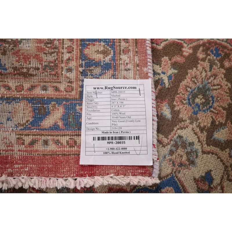 Distressed Pink Mashad Persian Vintage Rug Handmade Wool Carpet - 6'5"x 9'5"