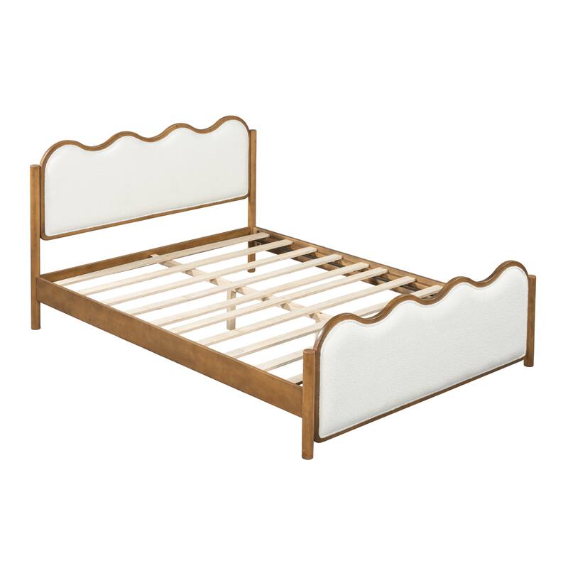 Christopher Knight Home - Modern Upholstered Boucle Bed Frame with Wooden Legs with Wavy Curved Headboard
