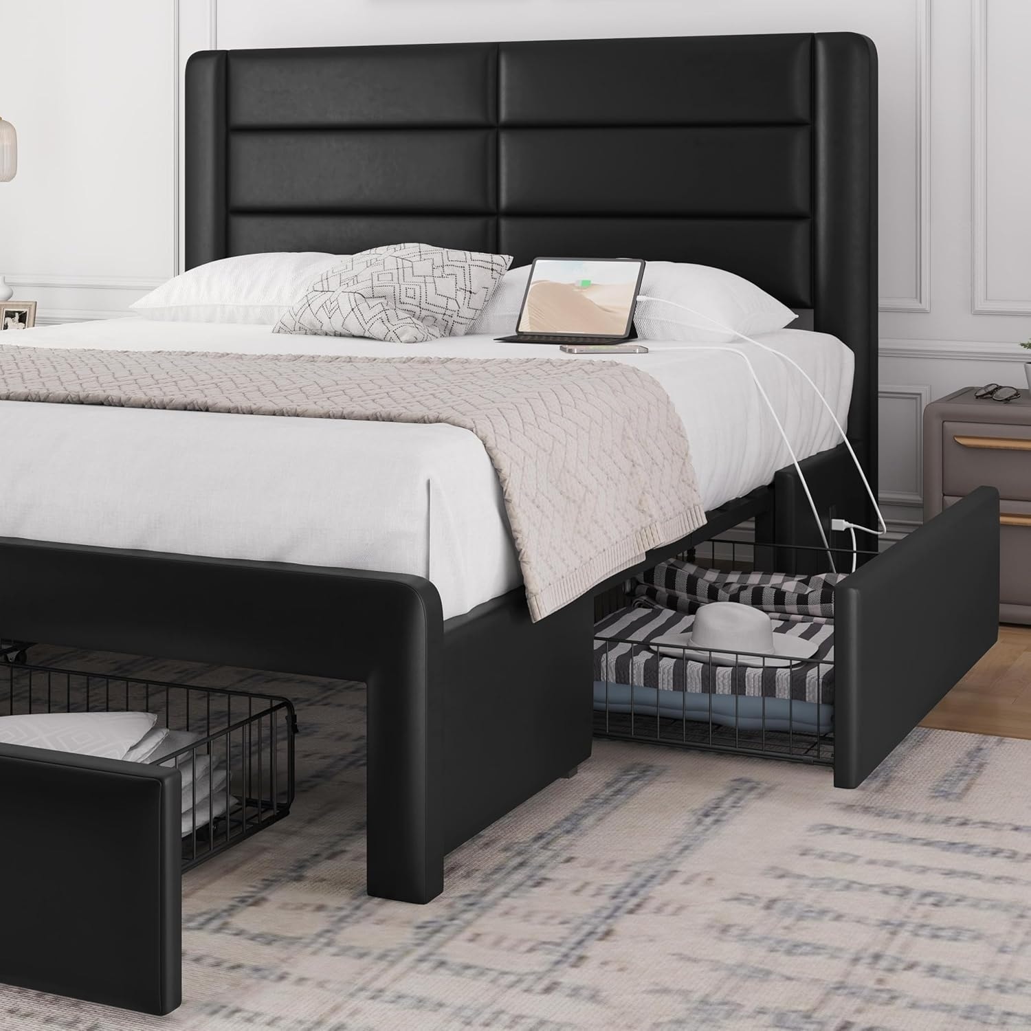 Queen Size Bed Frame with USB Charging, Storage Drawers, and Leather Upholstery