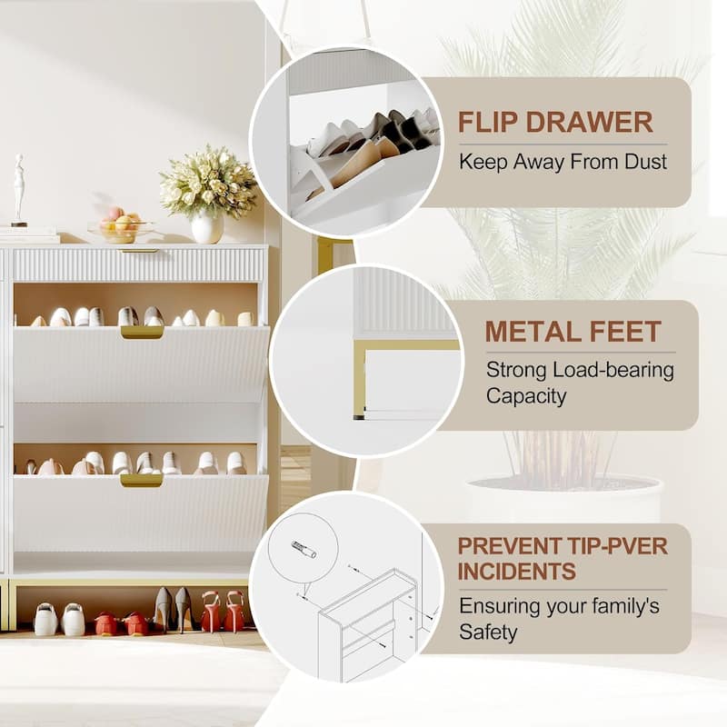 Fluted Shoe Storage Cabinet, Narrow Shoe Organizer with 2 Flip Drawers