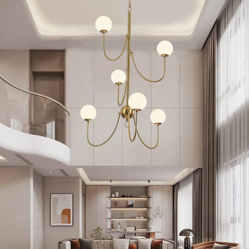6-light Mid - Century Modern Gold Chandelier, Multi - Arm Globe Glass Pendant Light