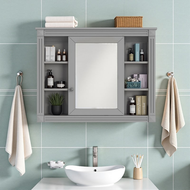 35" x 28" Wall-Mounted Medicine Cabinet, Modern Bathroom Mirror Storage Cabinet with 6 Open Shelves