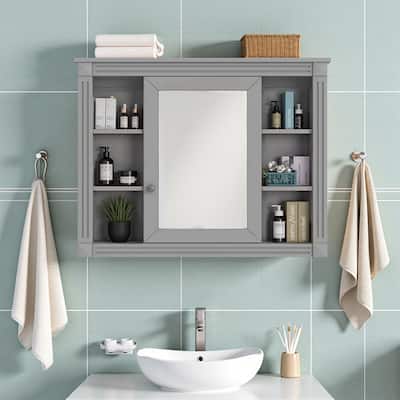 35" x 28" Wall-Mounted Medicine Cabinet, Modern Bathroom Mirror Storage Cabinet with 6 Open Shelves