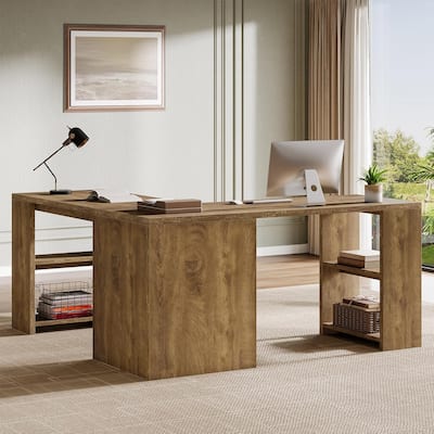 59" L Shaped Executive Desk with Storage Shelves for Home Office, Brown