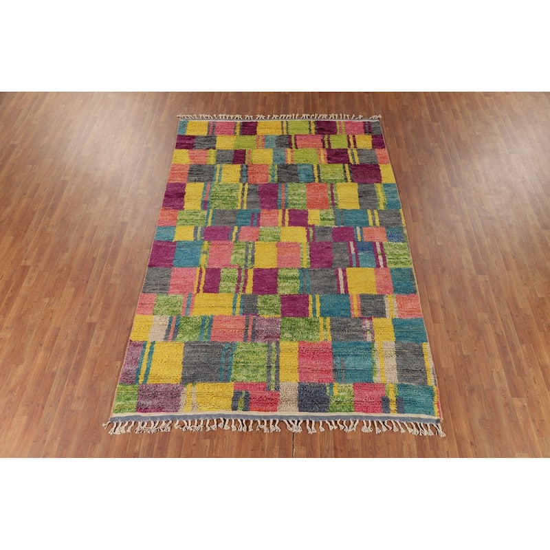 Colorful Checkered Moroccan Oriental Area Rug Handmade Wool Carpet - 6'10" x 10'6"