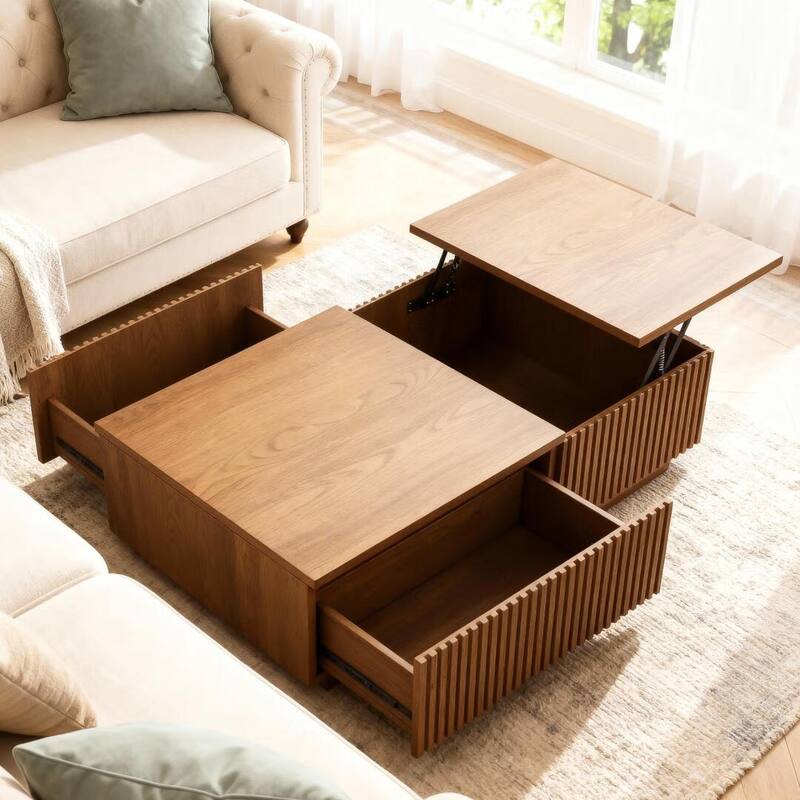 51.1'' Modern Lift-Top Coffee Table with Hidden Storage & Sliding Drawers, Satin Walnut Finish, Rectangular Center Table