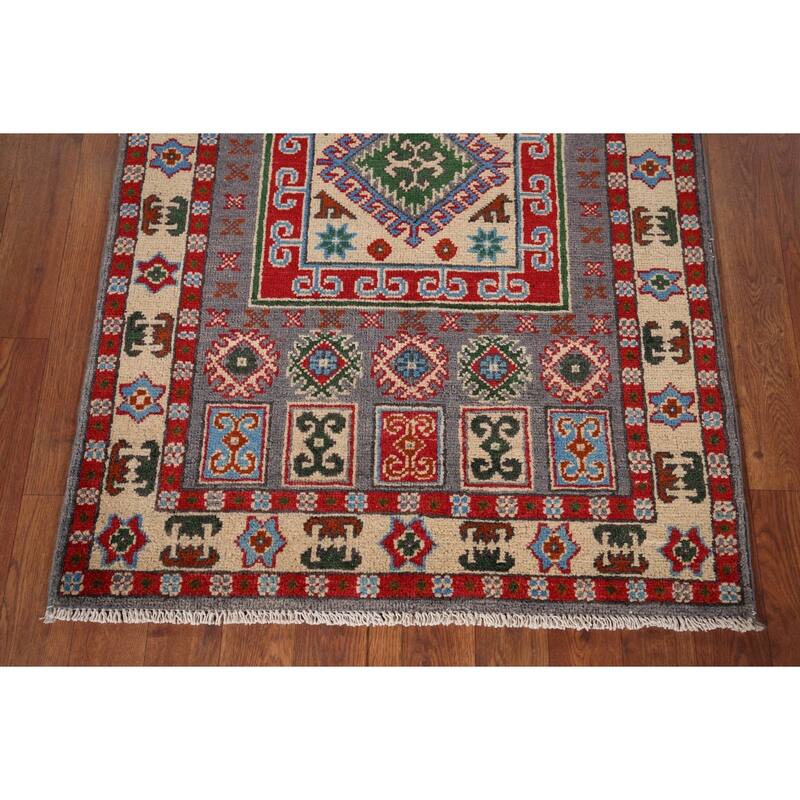 Geometric Grey Kazak Foyer Rug Hand-Knotted Wool Carpet - 2'8" x 3'11"