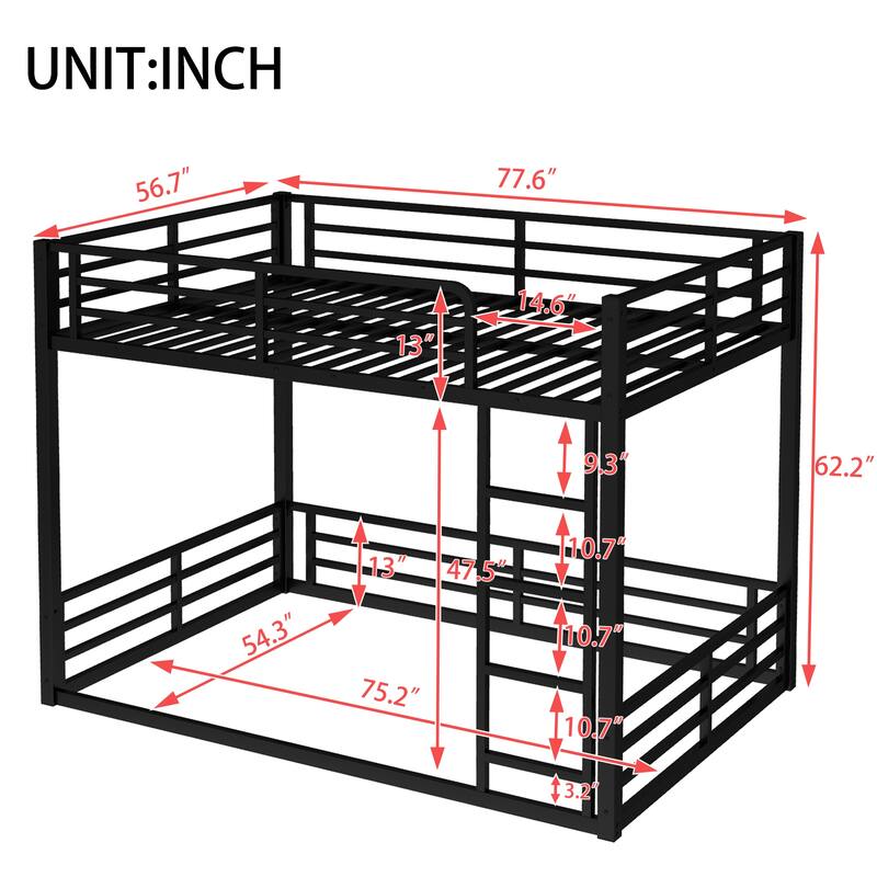 Metal Bunk Bed, Full over Full Floor Bunk Bed Frame,Heavy-Duty Bunk Bed for Kids, Teens, Adults, Noise-reduced Design, Black