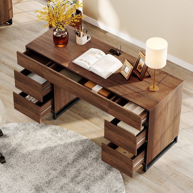 WAMPAT 59in Modern Executive Desk with Charging Station & Drawers and 2 PCS 72in Tall Bookcases with Storage Cabinet.