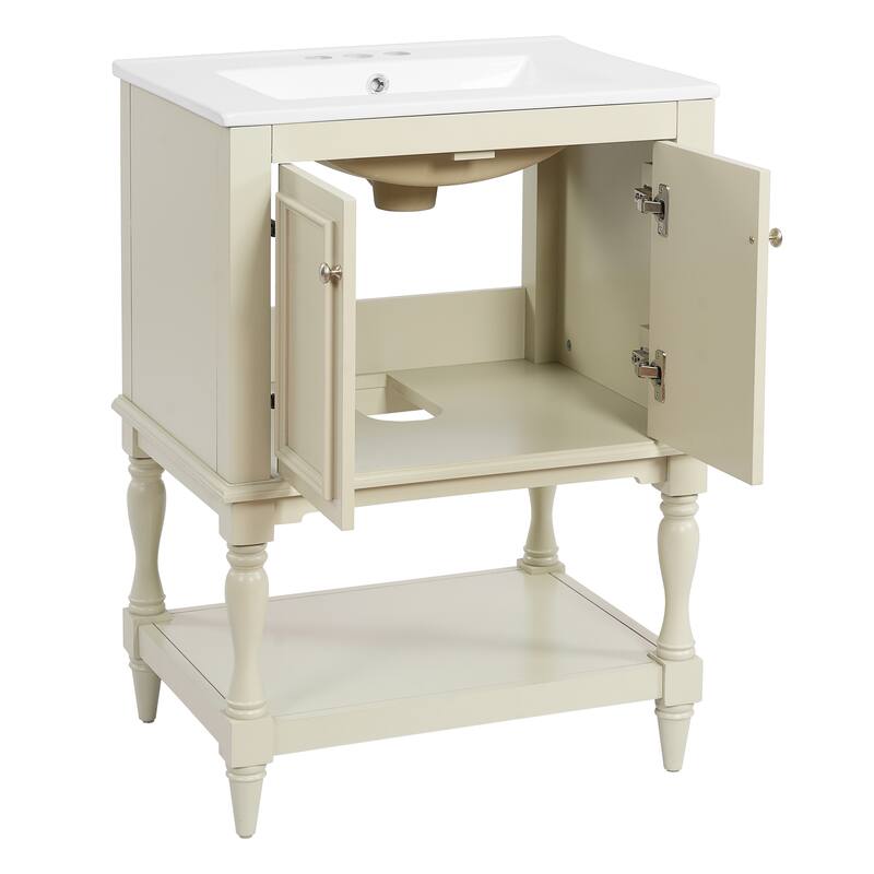 24" Modern Luxury Bathroom Vanity with Ceramic Sink, Compact Cabinet with Open Shelf & Closed Storage
