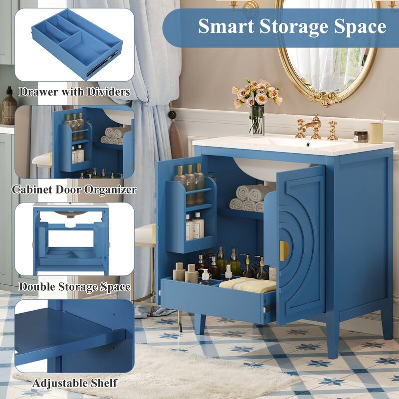 30" Bathroom Vanity with Sink, Blue Mid-Century Storage Cabinet, Soft-Close Doors, 1 Drawer & Adjustable Shelf