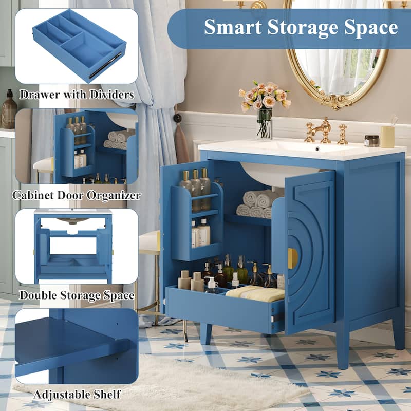 30" Blue Bathroom Vanity Cabinet with Undermount Ceramic Sink - 30 Inch