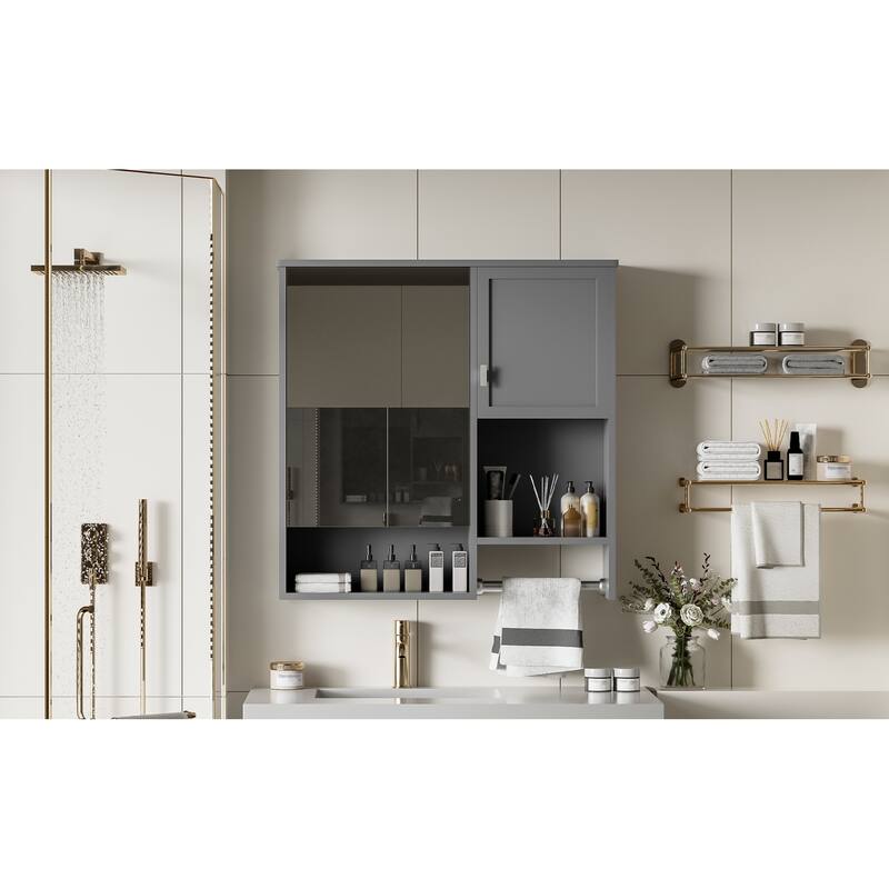 Roomfitters 29x28 Inch Modern Wall Mounted Medicine Cabinet, Mirror Storage Organizer with Integrated Towel Bar, Gray