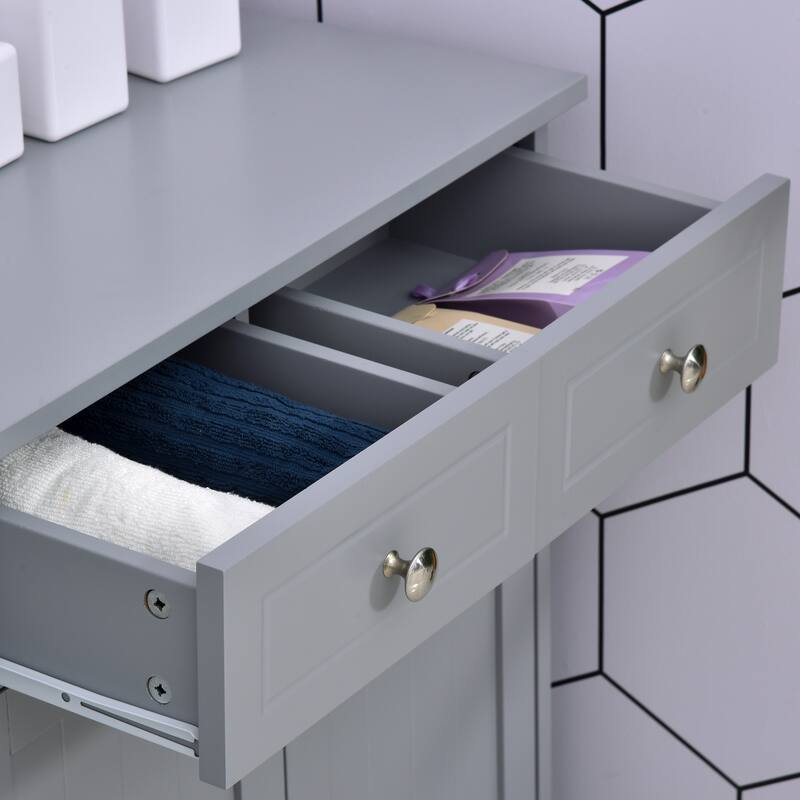 kleankin Freestanding Bathroom Storage Cabinet Organizer Floor Tower with 2 Door, 2 Drawers, Adjustable Shelf, Grey